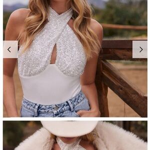 12th Tribe White Embellished Cut Out Bodysuit